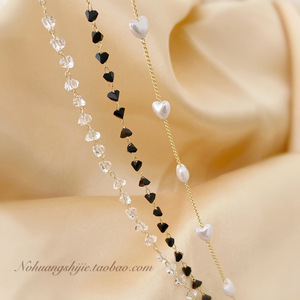 铜镀18K真金爱心珍珠玻璃锆石细链条DIY项链手链手工饰品配件材料