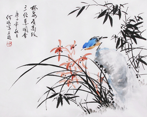 原创纯手绘写意国画兰花竹子花鸟画装饰画无框挂画书画原稿50x38
