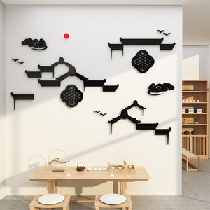 徽派建筑茶室文化背景墙面装饰用品壁纸贴画中国风茶叶店茶馆布置