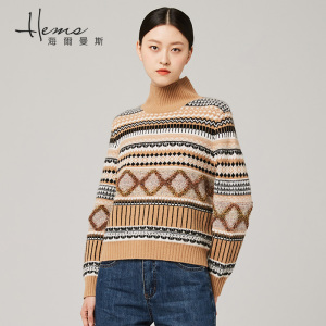 海尔曼斯长袖羊绒衫复古提花针织衫女套头毛衣