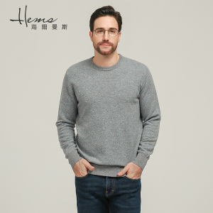 海尔曼斯秋冬男装低圆领羊毛衫羊绒衫针织衫毛衣休闲保暖厚