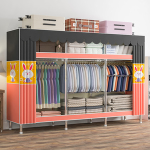 简易经济型全铝拼装拉帘不锈钢铁衣柜金属框架家用卧室出租房组装