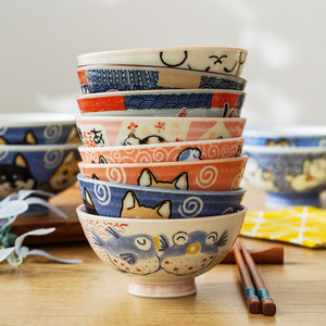釉下彩日本进口卡通陶瓷小碗大碗可爱猫咪日式创意招财猫饭碗家用