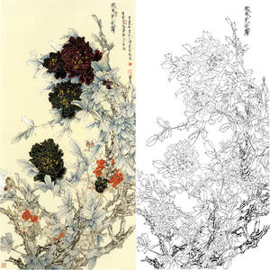 工笔画底稿白描画稿打印稿牡丹四尺66*132王道中微风花欲舞49dz