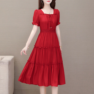 红色裙子2023年新款夏天薄款收腰蛋糕裙中长款方领纯色棉麻连衣裙