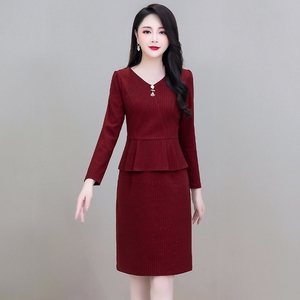 喜婆婆婚宴装礼服连衣裙女2022新款秋小个子长袖红色假两件套裙子