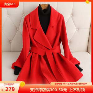 红色双面羊绒大衣女2023春秋韩版小个子赫本风反季短款羊毛外套