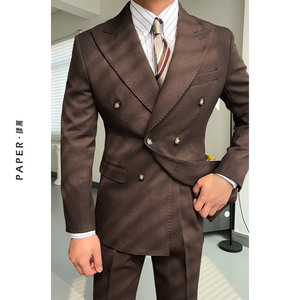 深棕色双排扣戗驳领西装套装商务修身婚礼西服那不勒斯复古气质男