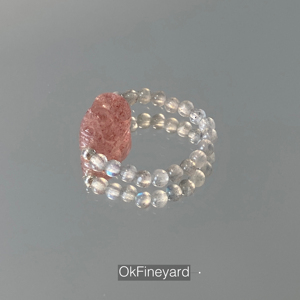 OkFineyard月光石草莓晶貔貅戒指女弹力转运指环桃花水晶串珠尾戒