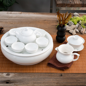 家用纯白功夫陶瓷茶具套装带盖碗茶壶圆形茶船储水茶盘组合