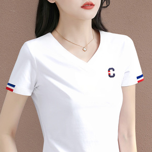 纯棉v领白色短袖t恤女2024新款夏季高端女装爆款上衣洋气半袖体恤