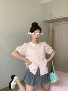 Morning 桔粉色压褶衬衫女夏季2023新款法式复古娃娃领短袖上衣
