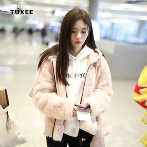 正品tuxee明星鞠婧祎机场同款冬季粉色毛绒皮毛一体保暖皮草外套