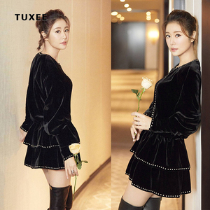 正品tuxee明星林心如同款连衣裙女20新款秋冬衣服长袖丝绒短裙