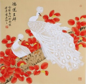 纯手绘四尺斗方临摹喻继高工笔花鸟孔雀鸿运呈祥名人字画国画书画