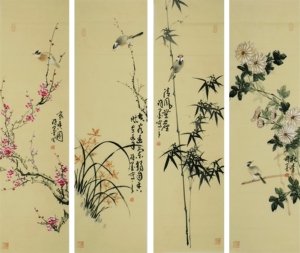 梅兰竹菊四条幅国画