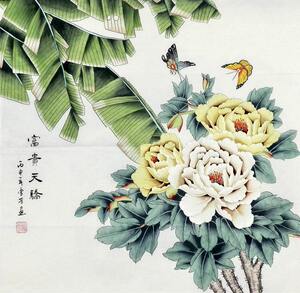 纯手绘四尺斗方书房画框工笔牡丹芭蕉叶富贵天骄名人字画国画书画