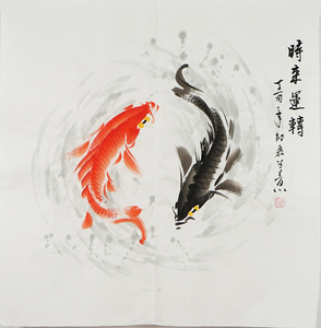 纯手绘四尺斗方书房玄关装饰画框写意鲤鱼国画名人字画中国书画