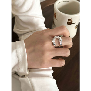 UU通体s925纯银镂空线条U型皱褶开口戒指女小众设计夸张个性指环
