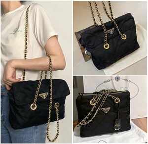 prada/普拉达女包黑金链条降落伞翻盖单肩包斜挎流浪包中古托特包