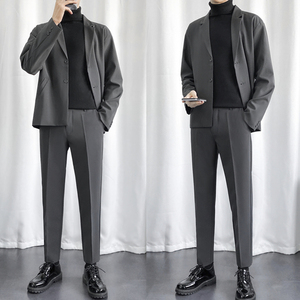 西装套装男坠感九分西裤3件套高领毛衣韩版宽松西服外套正装礼服