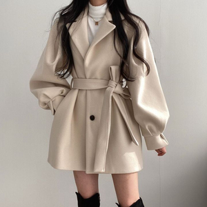 新款韩版秋冬装绑带气质小个子西装领赫本风中长款毛呢女大衣外套