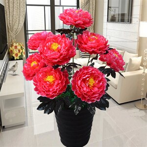 9头仿真牡丹花客厅落地塑料花盆栽假花婚房婚庆供佛w桌面摆件花树