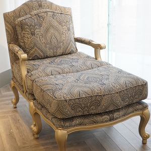 美式轻奢复古休闲椅艾伦刺绣花布艺欧式别墅客厅单人沙发脚蹬组合