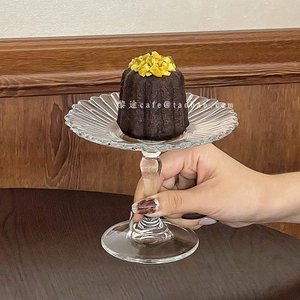 欧式透明玻璃点心糕点盘家用创意花边高脚甜品盘小号蛋糕展示盘