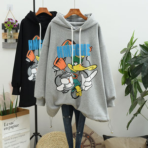 大码宽松冬装加绒加厚保暖连帽衫女卫衣中长款潮ins搞怪卡通外套