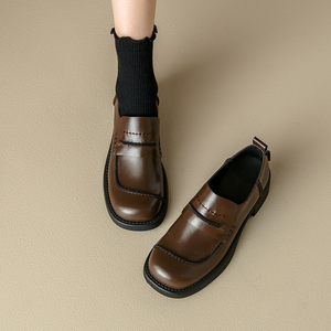 泽西自制 小众设计韩版圆头粗跟一脚蹬小皮鞋真皮复古棕色乐福鞋