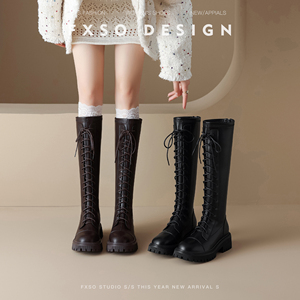 真皮版「FXSO方巷」2023年秋季新法式圆头绑带中粗跟时装长靴女