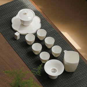 羊脂玉白瓷功夫茶具套装白色盖碗茶杯陶瓷礼盒装轻奢高档泡茶家用