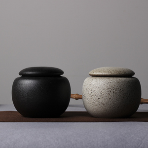 陶瓷茶叶罐小号粗陶黑陶日式茶具家用单人储存罐黑色罐子小陶罐空