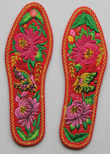 包邮手工成品平遥十字刺绣结婚庆保暖礼品纯棉鞋垫--蝶恋菊花