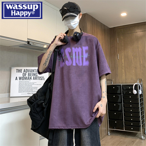 wassup happy紫色短袖t恤男夏季潮流oversize休闲麂皮绒重磅半袖