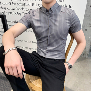 英伦风韩版修身灰色条纹短袖衬衫夏季男士商务休闲半袖小尖领衬衣