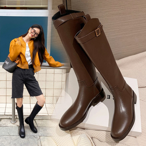 棕色半高筒靴子女不过膝长靴中长款皮靴显瘦平底真皮长筒靴骑士靴