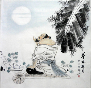 名家办公手绘真迹原稿国画人物四尺斗方古人举杯邀月送礼装饰字画