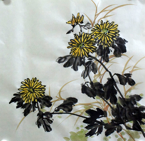 国画写意菊花2494三尺斗方无款现货纯手绘水墨花鸟画书房中式玄关