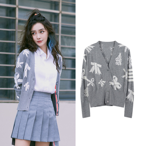 angelababy杨颖同款蝴蝶结提花针织开衫女2021秋款tb修身毛衣外套