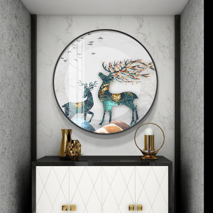 进门大圆形抽象鹿玄关装饰画背景墙客厅晶瓷水晶壁画挂画走廊过道