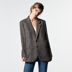9152544zara秋季新款女装港风时尚格子直筒西装外套女09152544707