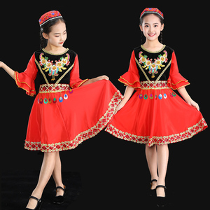 新疆舞蹈演出服儿童少数民族服装女童短裙维吾族舞表演服六一舞裙