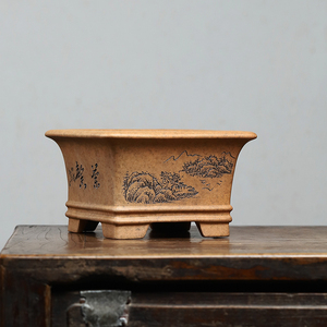 秦夕洪四方紫砂花盆宜兴精品釉面内门竹盆景多肉小桩植物桌面古典