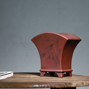 玖紫轩精品紫砂花盆李超手工扇形君子兰专用兰花植物桌面中国风盆