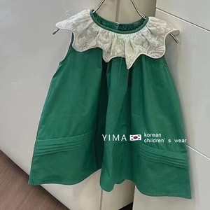 韩版童装2024夏季新款女童洋气纯棉绿色背心裙儿童娃娃领连衣裙子