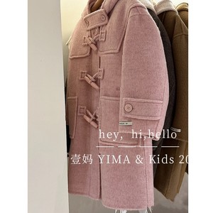 韩版童装女童呢大衣外套冬装新款加厚洋气儿童粉色毛呢中长款上衣