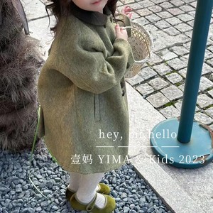 韩版童装女童毛呢外套冬装款儿童洋气时髦绿色翻领中长款呢子大衣