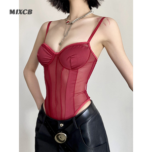MIXCB 吊带背心女夏内搭欧美酒红色蕾丝性感短上衣辣妹设计连体衣